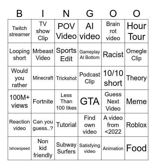 YT SHORTS Bingo Card