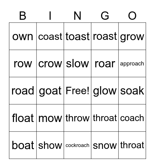 BINGO:  oa and ow Bingo Card