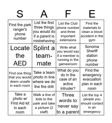 Nicks Safety Bingo Card