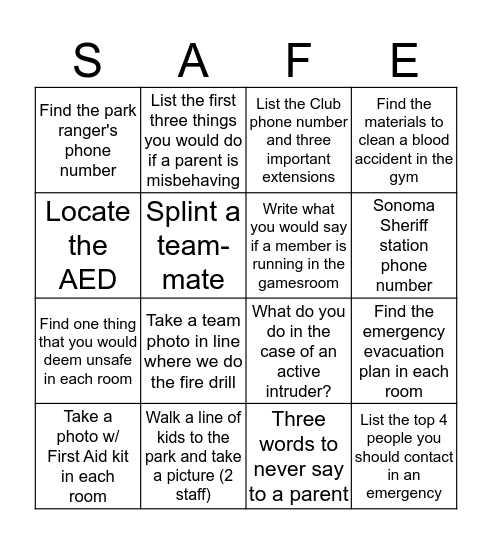 Nicks Safety Bingo Card