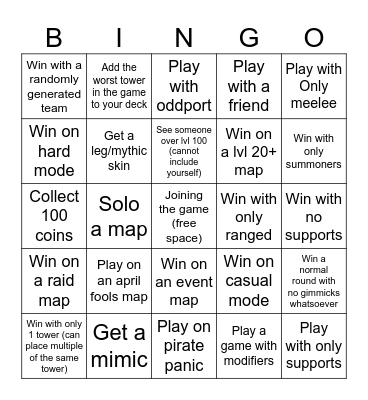 tower heroes bingo Card