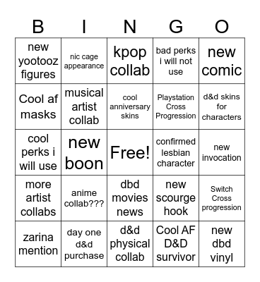 8th Anniversary DBD Stream Bingo Card