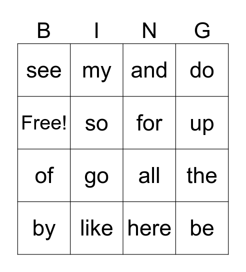 Sight Word Bingo Card