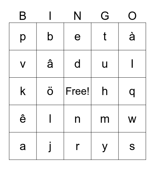 Alphabet et accent français Bingo Card