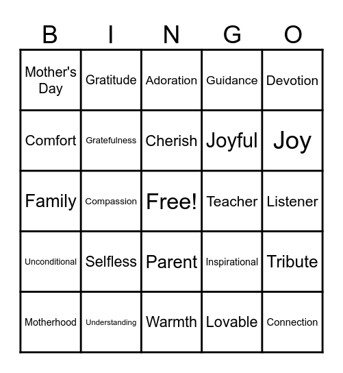 Special Mother's Day Bingo Card