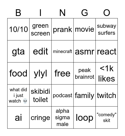 yt shorts Bingo Card