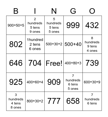 Place Value Bingo Card