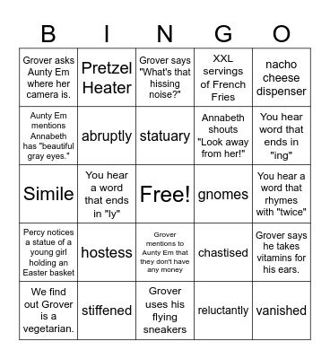 Percy Jackson Chapter 11 & 12 Reading Bingo Card