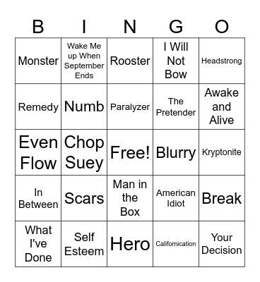 2000s Rock Bangers Bingo Card