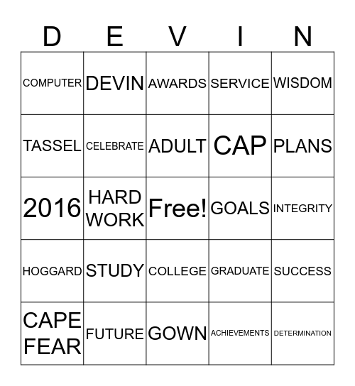 Class of 2016 Bingo Card