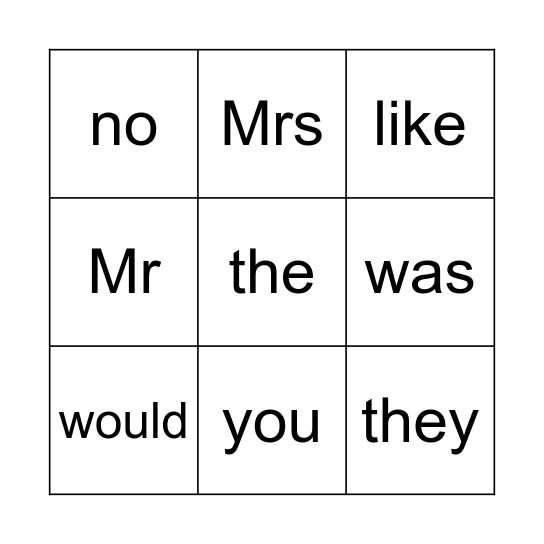 Tricky Word Bingo Card