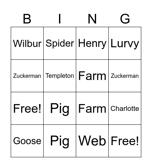 Charlotte's Web Bingo Card