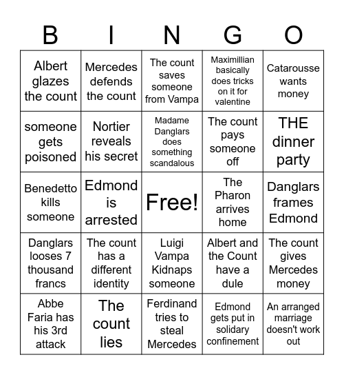 Count of Monte Cristo Bingo Card