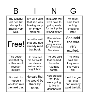 reported speech Bingo Card