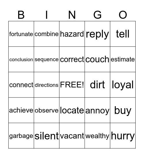 Synonym Bi ngo Bingo Card