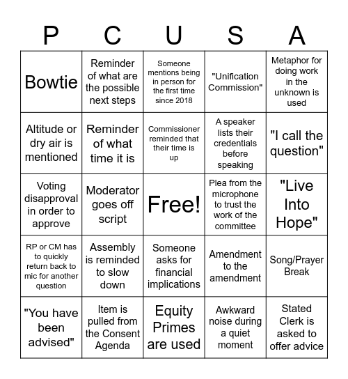 226th GA Plenary Bingo Card