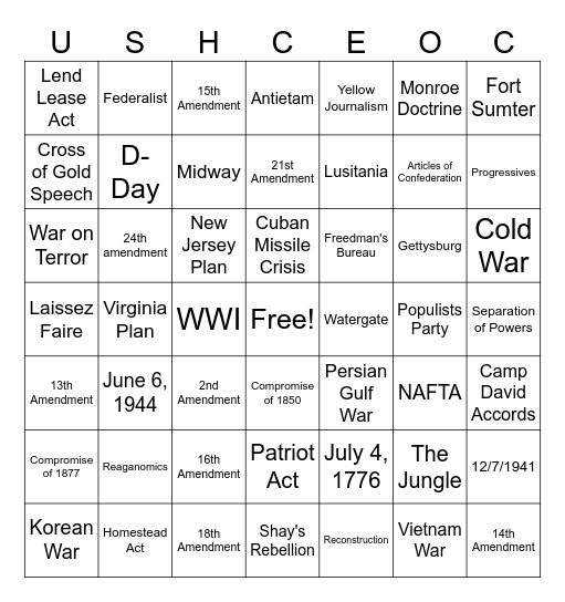 USHC EOC Review Part 2 Bingo Card