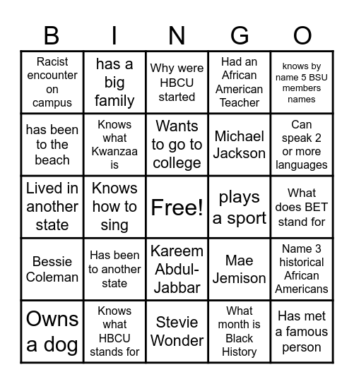 Black Student Union Bingo Card