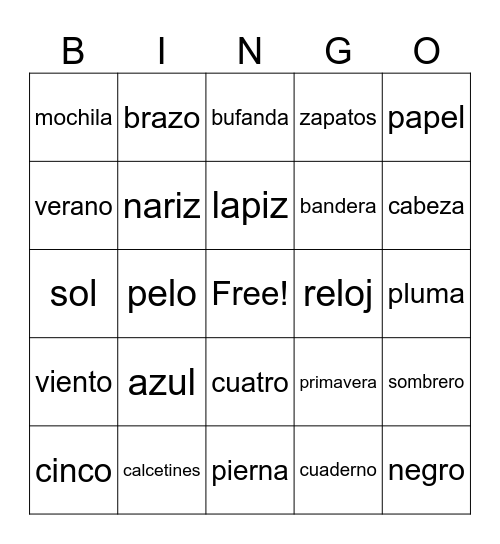 Spanish Review Bingo Card