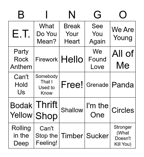 2010- 2019 Hits- Music Bingo (Round 2) Bingo Card