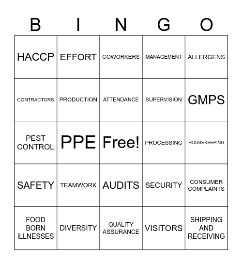 Food Safety and Quality Culture Bingo Card