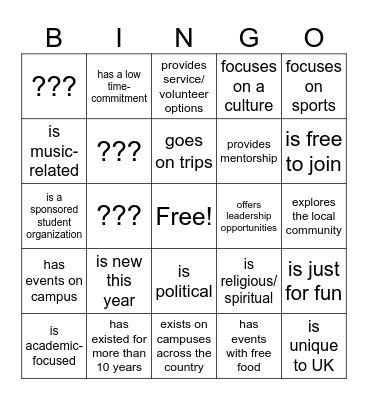 Get 5 stamps in a row, just find an organization that: Bingo Card
