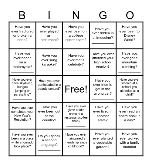 Have You Ever Bingo Card