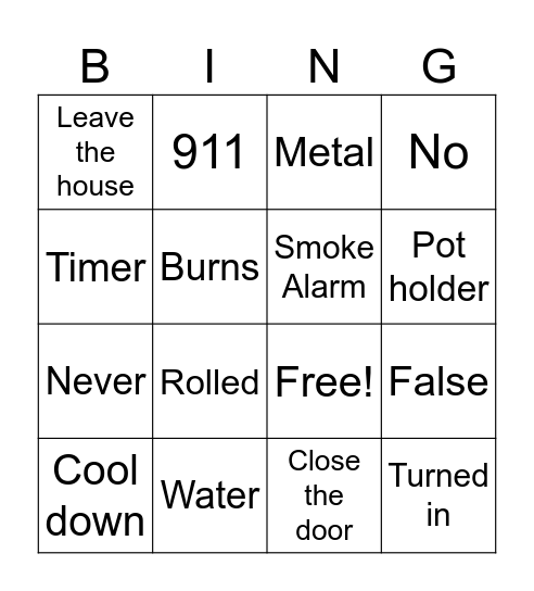 Kitchen Fire Safety Bingo Card
