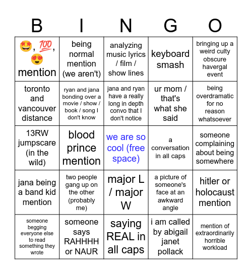 bestie squad bingo (ABBY EDITION) Bingo Card