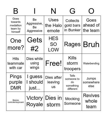 Jakes Fortnite Bingo Card