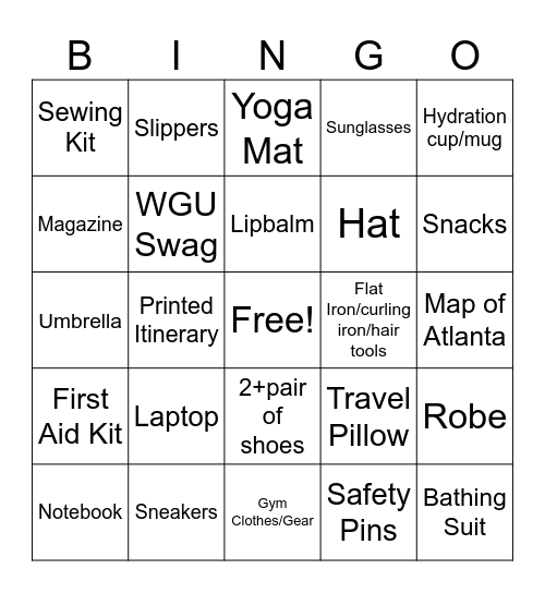 What I packed/bought/brought for Summit Bingo Card