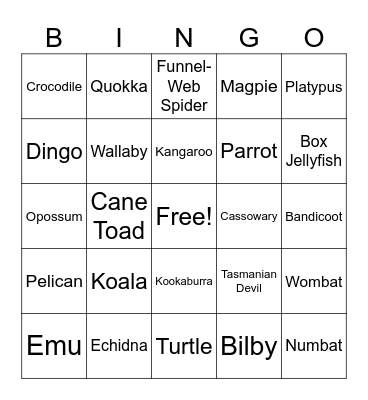 Australian Animals Bingo Card