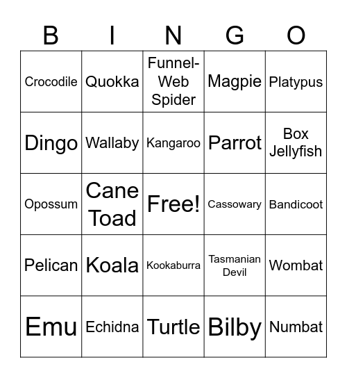 Australian Animals Bingo Card