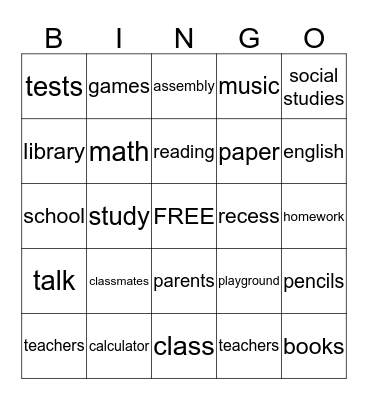 School Bingo Card