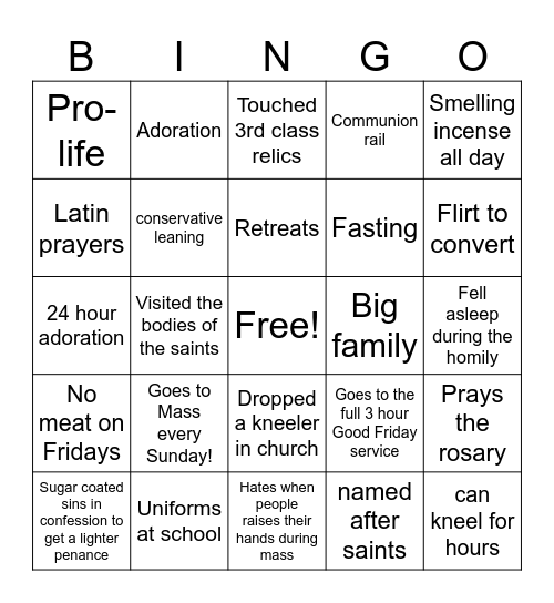 Catholic Bingo Card