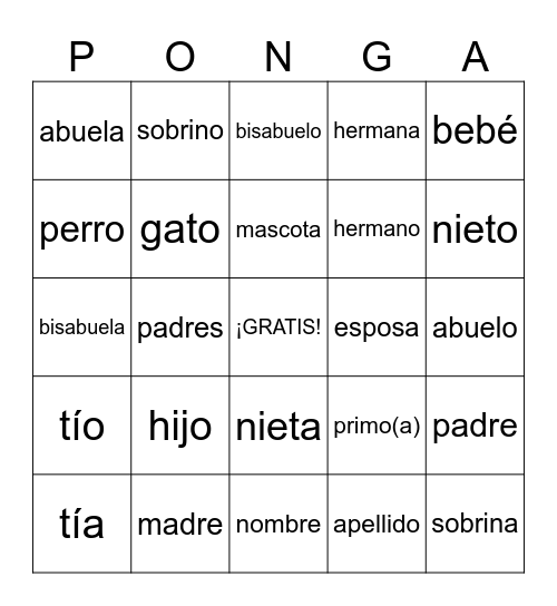 Unidad 3 - vocabulario A Bingo Card