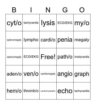 Medical Terminology Bingo Card