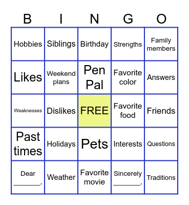 Pen Pals! LC Bingo Card