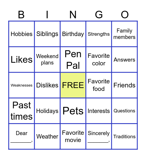 Pen Pals! LC Bingo Card