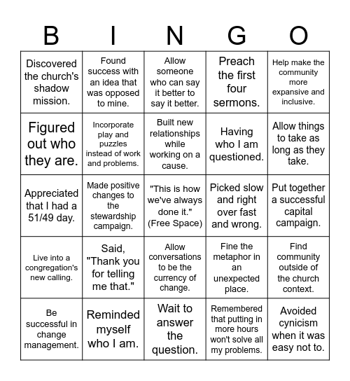 Ministry Bingo Card