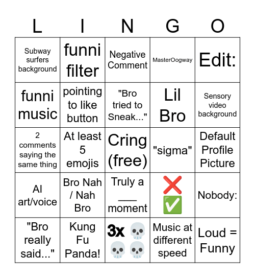 Youtube Shorts Bingo Card