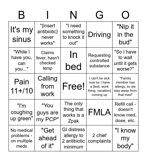 Urgent Care Bingo Card