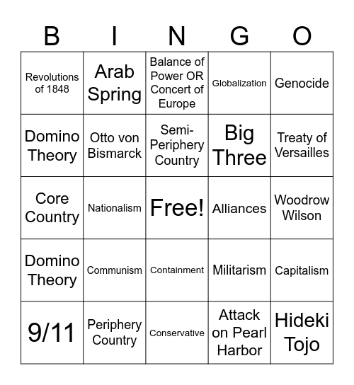 MWH Final Exam Review Bingo Card