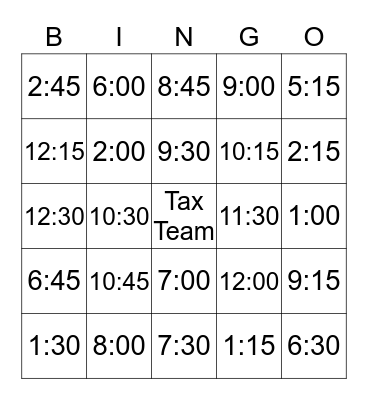 Tax Team Bingo Card