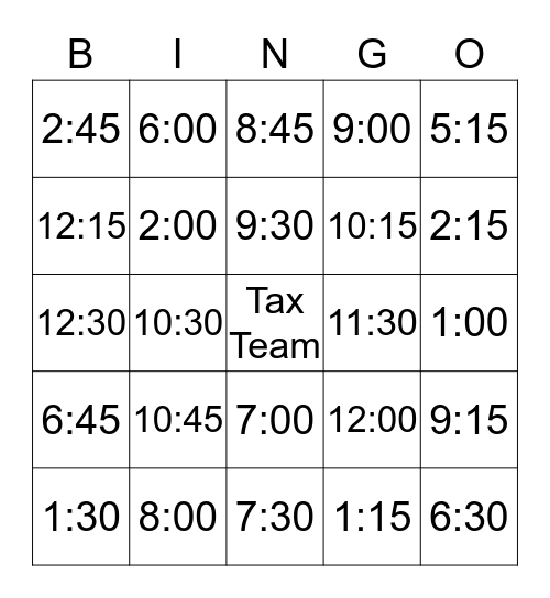 Tax Team Bingo Card