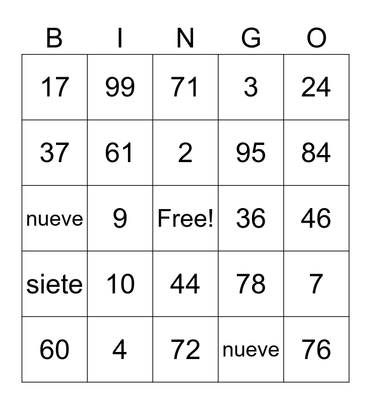 Spanish Numbers 1-10 with numbers 1-100 Bingo Card