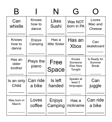 YOUTH HUMAN BINGO Card