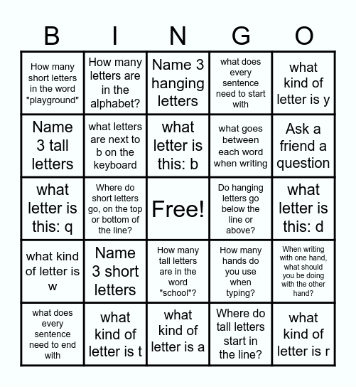 HANDWRITING BINGO Card