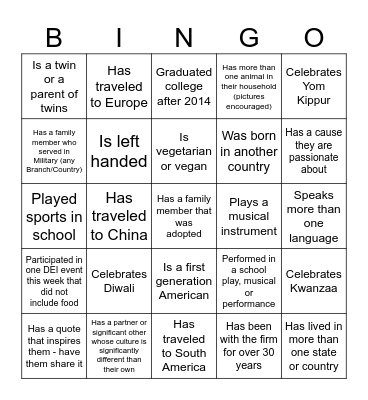 Find the diversity in others and yourself! Bingo Card