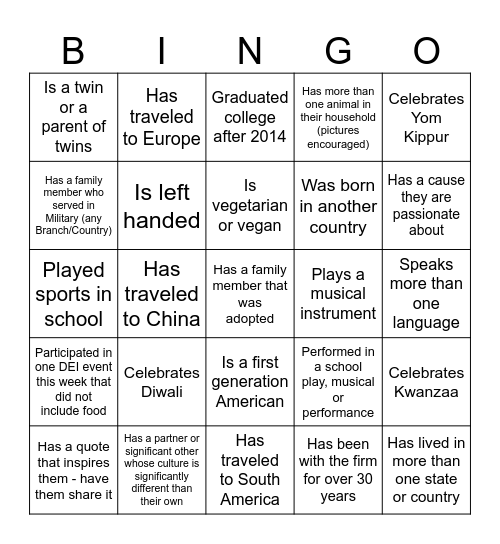 Find the diversity in others and yourself! Bingo Card